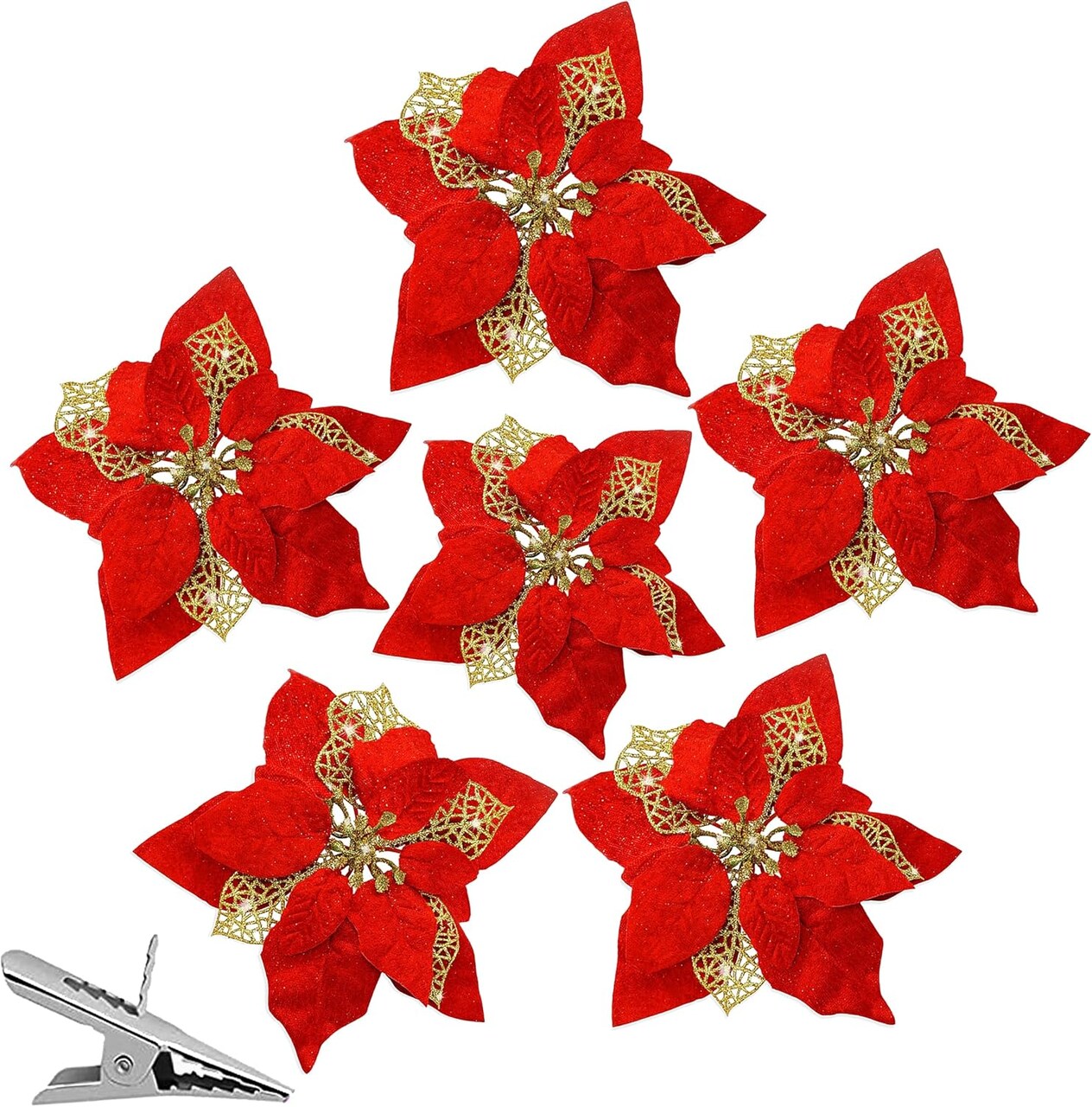 4E's Novelty 15 Pcs Red Velvet Poinsettia Christmas Decorations with Clips, 8.5" Artificial Poinsettia Flowers for Christmas Tree Ornaments, Wreaths, Garlands & Holiday Décor